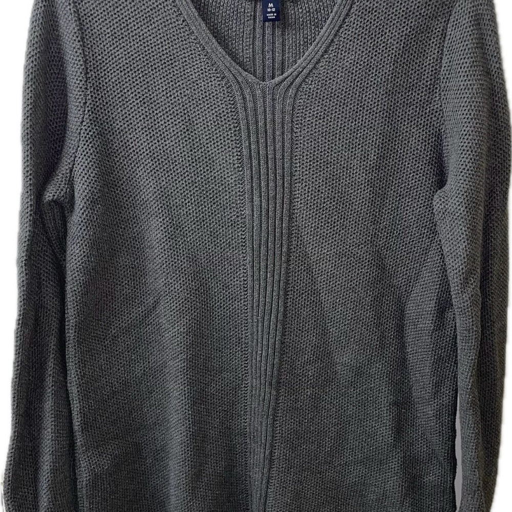 Lands' End Drifter Shaker Knit Cotton V-Neck Sweater Tunic M 10/12 Gray FLAWS